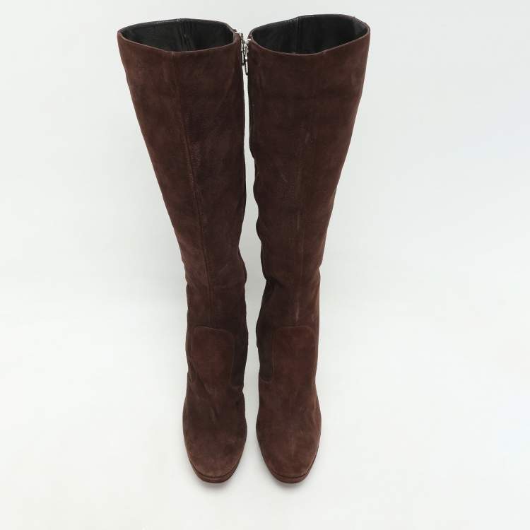 Pre Owned Sergio Rossi Brown Suede Platform Calf Length Boots Size 38