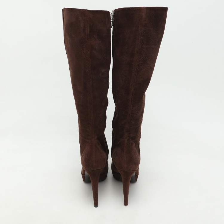 Pre Owned Sergio Rossi Brown Suede Platform Calf Length Boots Size 38