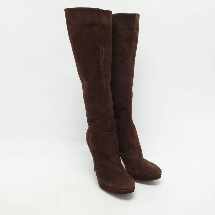 Pre Owned Sergio Rossi Brown Suede Platform Calf Length Boots Size 38