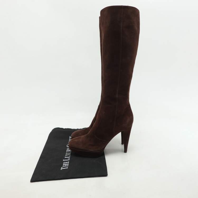 Pre Owned Sergio Rossi Brown Suede Platform Calf Length Boots Size 38