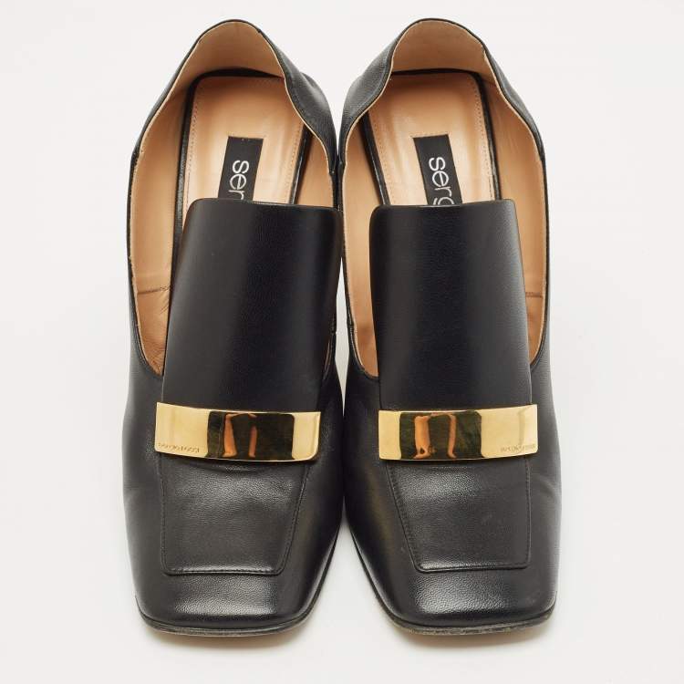 Pre Owned Sergio Rossi Black Leather Block Heel Square Toe Mules Size 41 