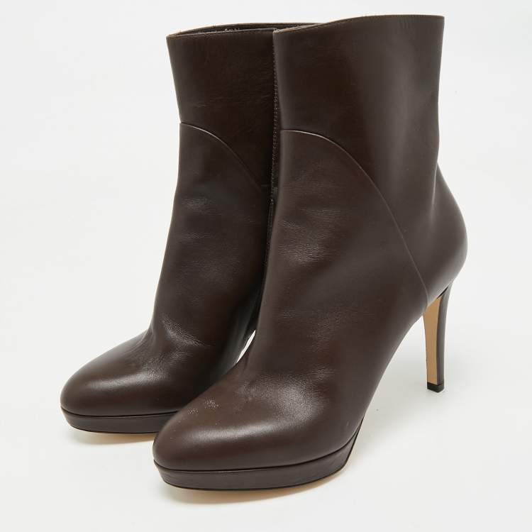 Pre Owned Sergio Rossi Dark Brown Leather Zip Ankle Length Boots Size 38.5