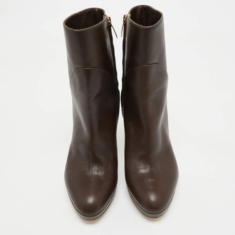 Pre Owned Sergio Rossi Dark Brown Leather Zip Ankle Length Boots Size 38.5