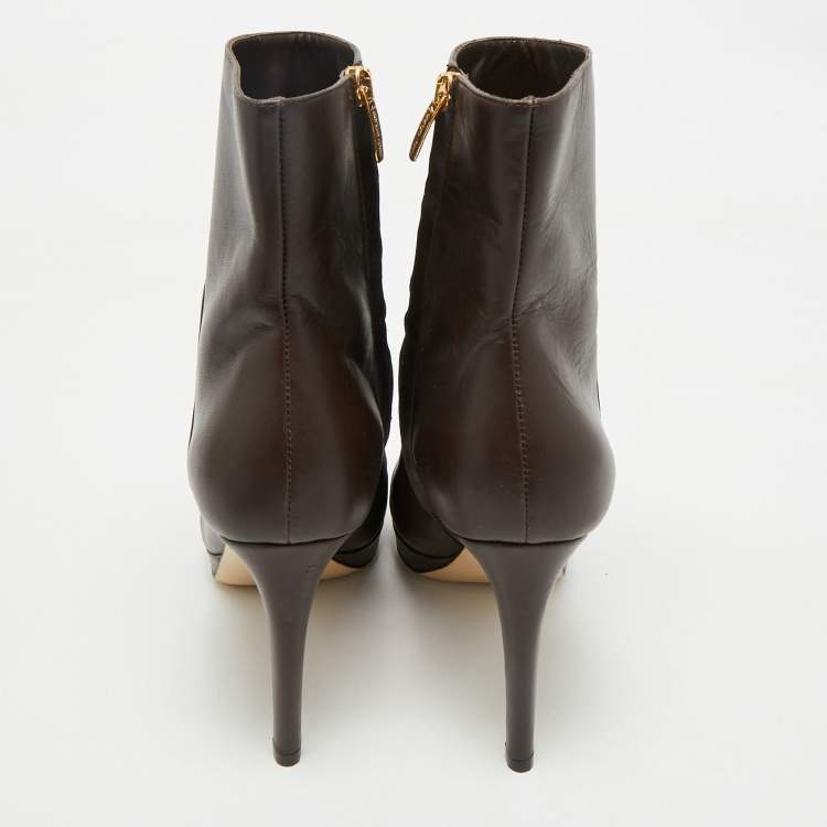 Pre Owned Sergio Rossi Dark Brown Leather Zip Ankle Length Boots Size 38.5
