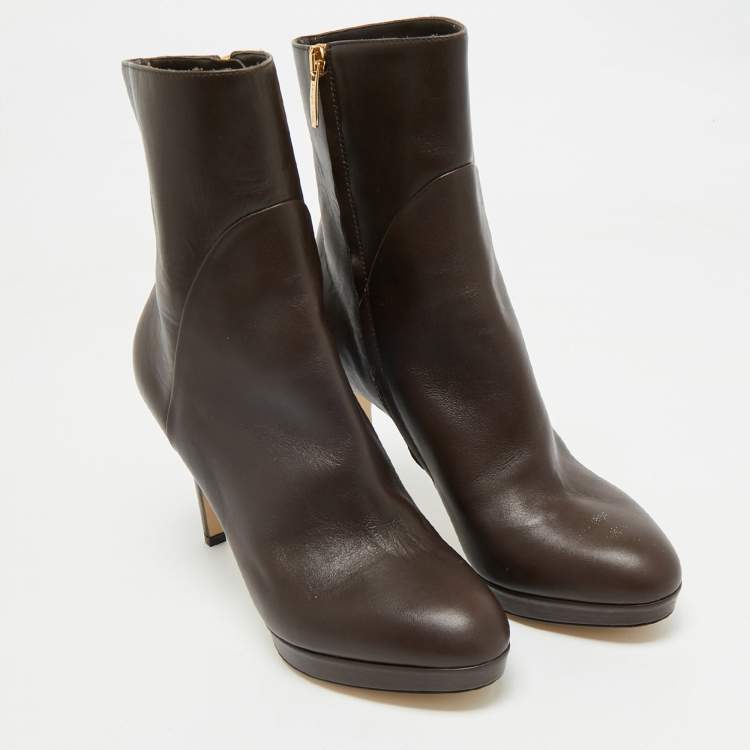 Pre Owned Sergio Rossi Dark Brown Leather Zip Ankle Length Boots Size 38.5