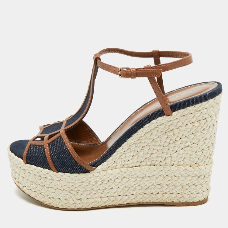 مملوكة مسبقًا Sergio Rossi Navy Blue/Brown Denim and Leather Espadrille Platform Wedge Sandals Size 40.5