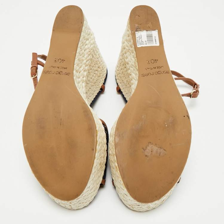 مملوكة مسبقًا Sergio Rossi Navy Blue/Brown Denim and Leather Espadrille Platform Wedge Sandals Size 40.5