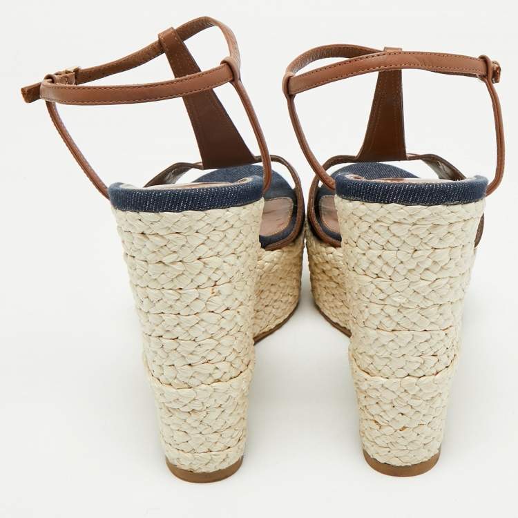 مملوكة مسبقًا Sergio Rossi Navy Blue/Brown Denim and Leather Espadrille Platform Wedge Sandals Size 40.5