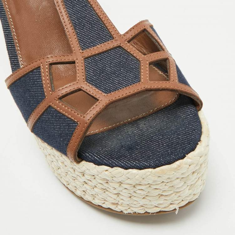 مملوكة مسبقًا Sergio Rossi Navy Blue/Brown Denim and Leather Espadrille Platform Wedge Sandals Size 40.5