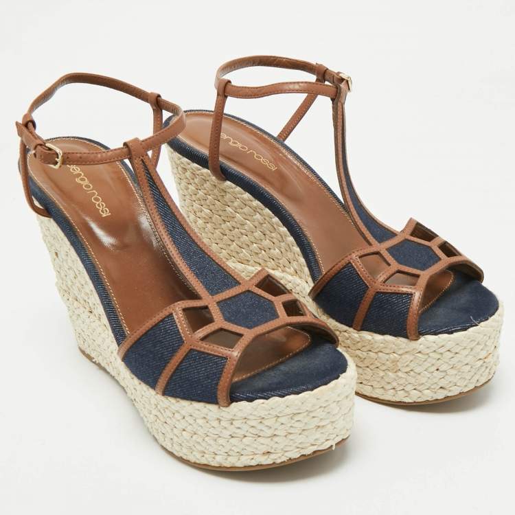 مملوكة مسبقًا Sergio Rossi Navy Blue/Brown Denim and Leather Espadrille Platform Wedge Sandals Size 40.5