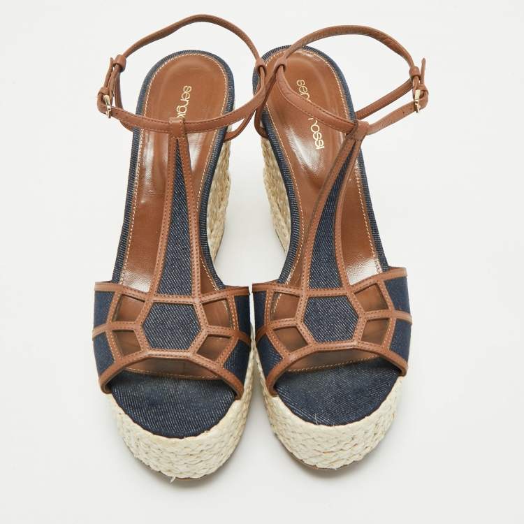 مملوكة مسبقًا Sergio Rossi Navy Blue/Brown Denim and Leather Espadrille Platform Wedge Sandals Size 40.5