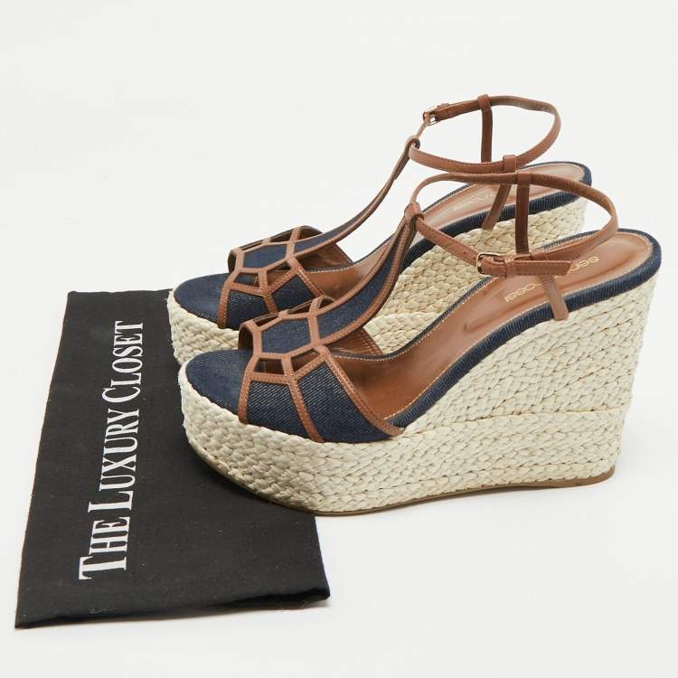 مملوكة مسبقًا Sergio Rossi Navy Blue/Brown Denim and Leather Espadrille Platform Wedge Sandals Size 40.5