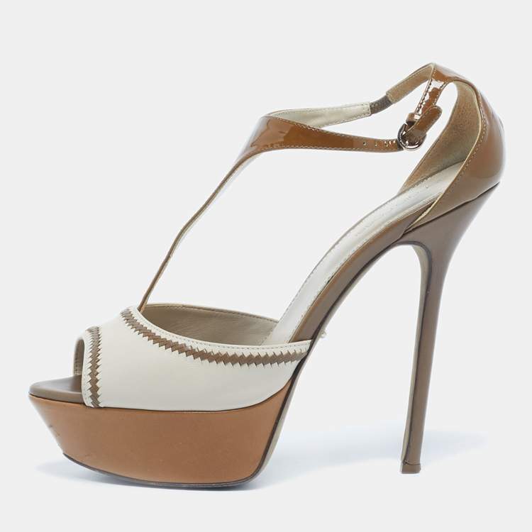 Pre Owned Sergio Rossi Brown/Beige Patent and Leather T Strap Platform Sandals Size 38