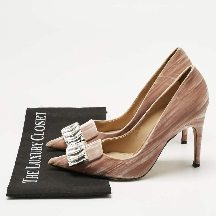 Pre Owned Sergio Rossi Beige Velvet SR1 Crystals Pumps Size 38.5
