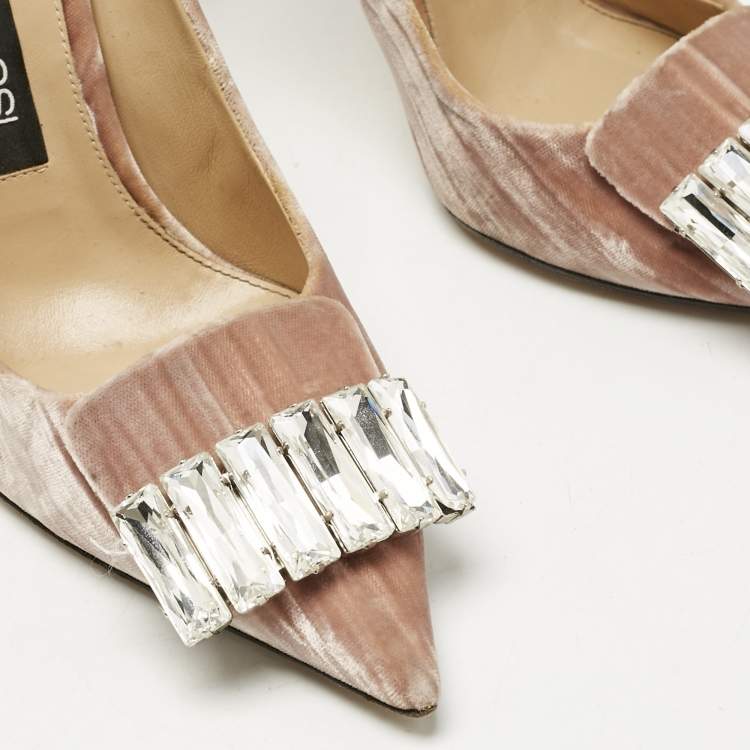 Pre Owned Sergio Rossi Beige Velvet SR1 Crystals Pumps Size 38.5
