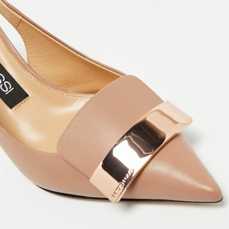 مملوكة مسبقًا Sergio Rossi Beige Leather Scarpe Donna Slingback Platform Pumps Size 37.5
