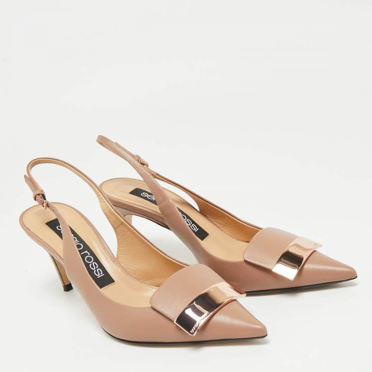 مملوكة مسبقًا Sergio Rossi Beige Leather Scarpe Donna Slingback Platform Pumps Size 37.5