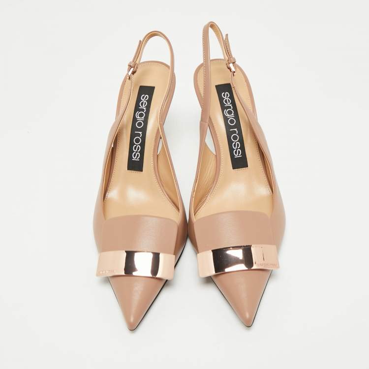 مملوكة مسبقًا Sergio Rossi Beige Leather Scarpe Donna Slingback Platform Pumps Size 37.5