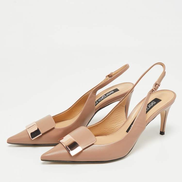 مملوكة مسبقًا Sergio Rossi Beige Leather Scarpe Donna Slingback Platform Pumps Size 37.5