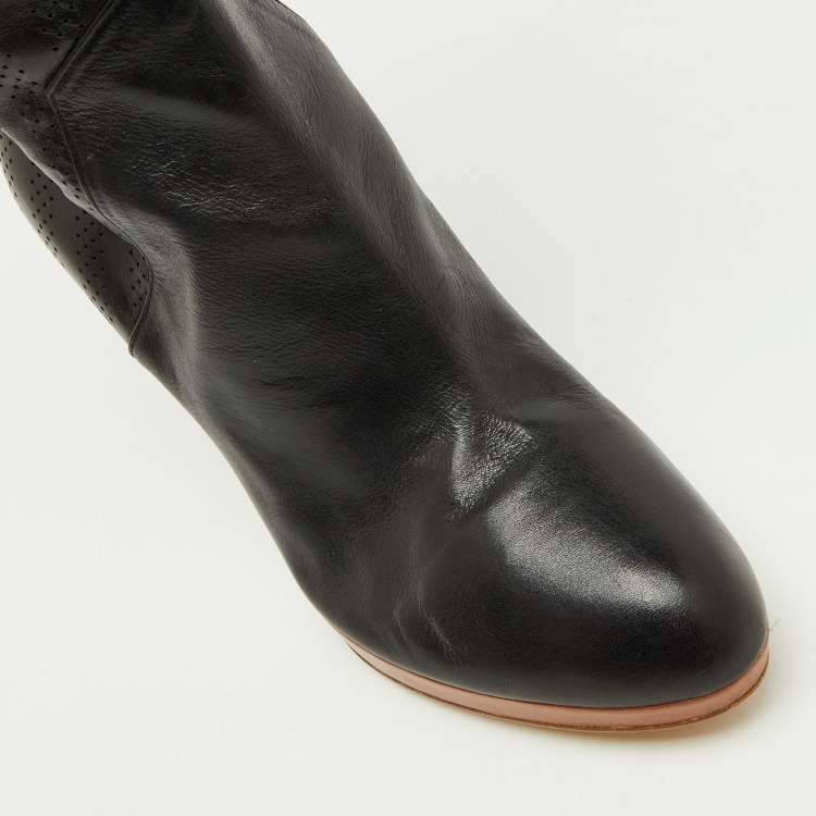 Pre Owned Sergio Rossi Black Perforated Leather Calf Length Boots Size 38.5