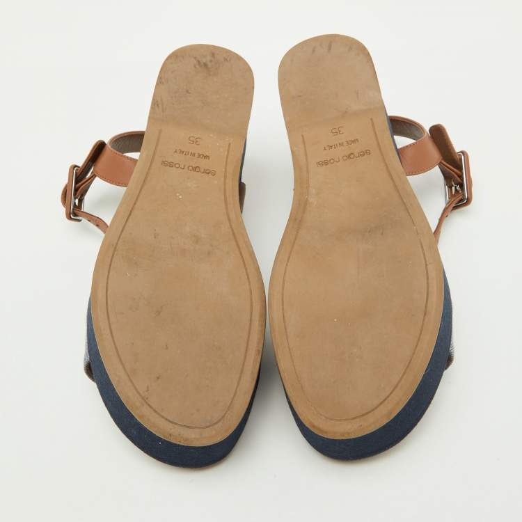 Pre Owned Sergio Rossi Brown/Blue Denim and Leather Platform Ankle Strap Sandals Size 35