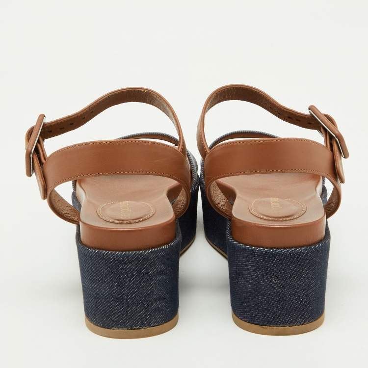 Pre Owned Sergio Rossi Brown/Blue Denim and Leather Platform Ankle Strap Sandals Size 35