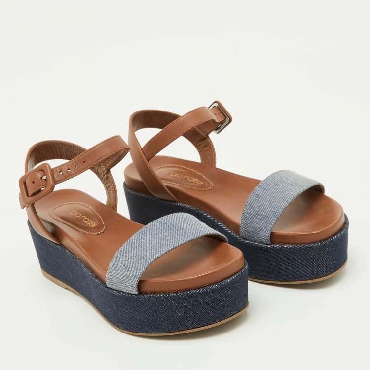 Pre Owned Sergio Rossi Brown/Blue Denim and Leather Platform Ankle Strap Sandals Size 35