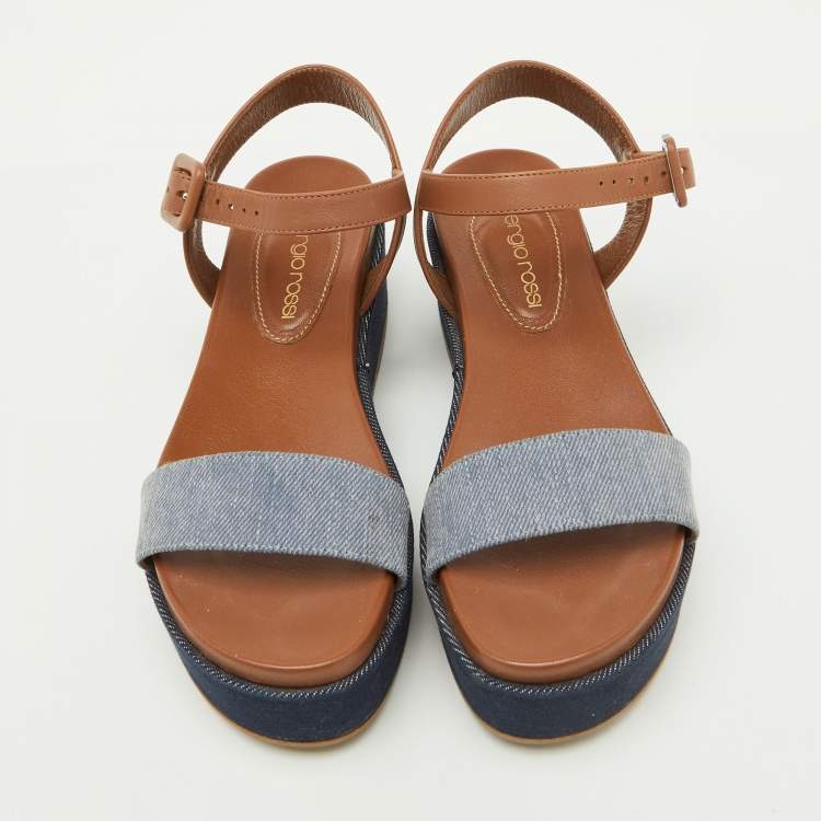 Pre Owned Sergio Rossi Brown/Blue Denim and Leather Platform Ankle Strap Sandals Size 35