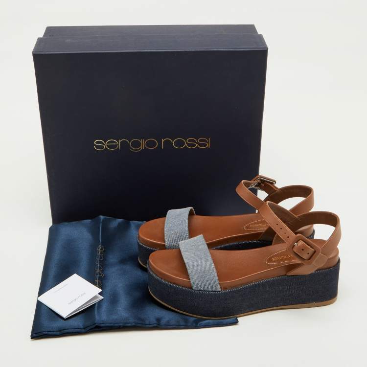Pre Owned Sergio Rossi Brown/Blue Denim and Leather Platform Ankle Strap Sandals Size 35