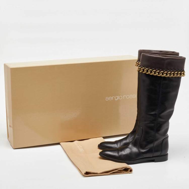 Pre Owned Sergio Rossi Black/Dark Brown Leather Chain Detail Calf Length Boots Size 35.5