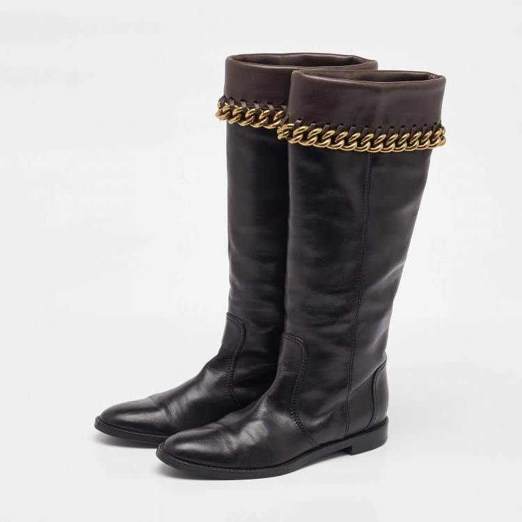 Pre Owned Sergio Rossi Black/Dark Brown Leather Chain Detail Calf Length Boots Size 35.5