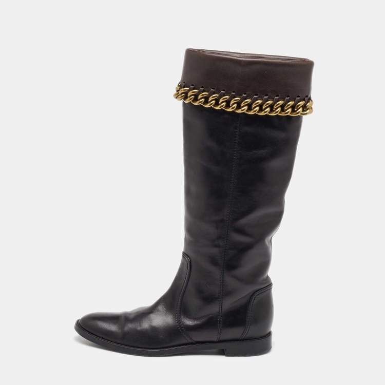 Pre Owned Sergio Rossi Black/Dark Brown Leather Chain Detail Calf Length Boots Size 35.5