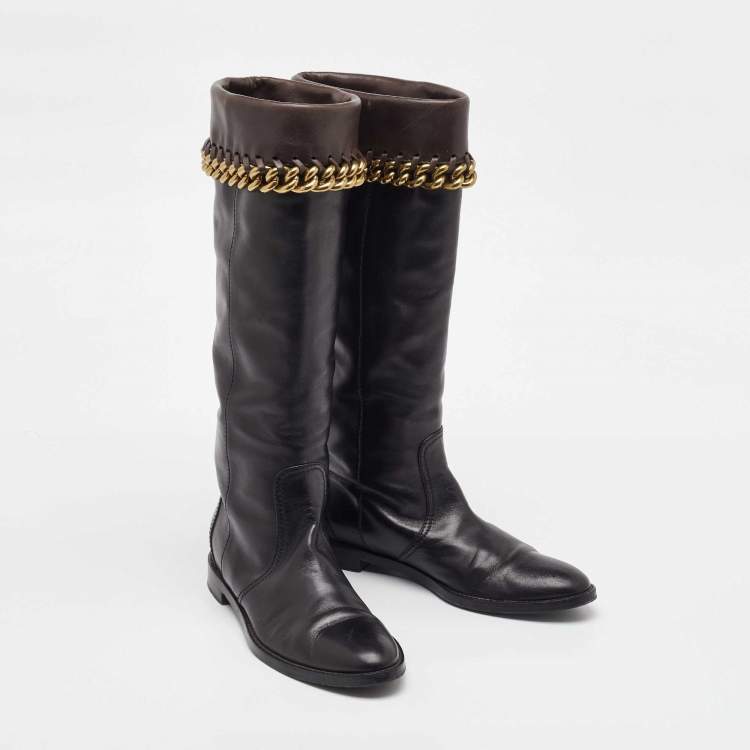 Pre Owned Sergio Rossi Black/Dark Brown Leather Chain Detail Calf Length Boots Size 35.5