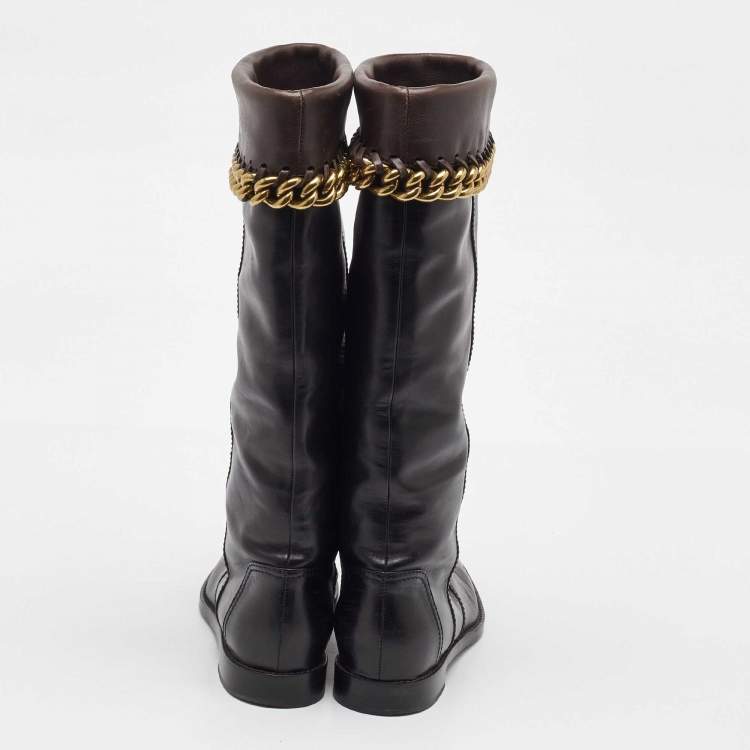 Pre Owned Sergio Rossi Black/Dark Brown Leather Chain Detail Calf Length Boots Size 35.5