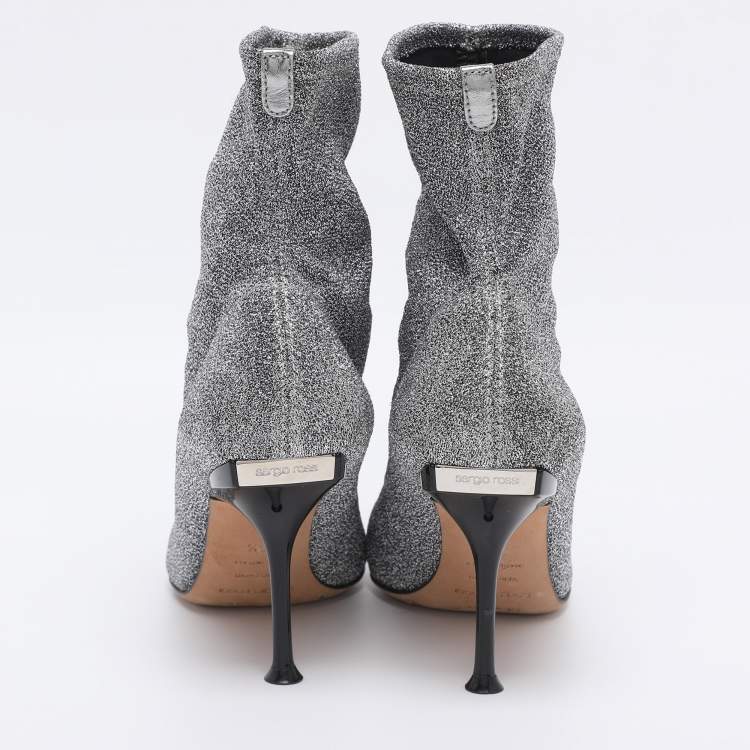 Pre Owned Sergio Rossi Silver Knit Fabric Sock Ankle Boots Size 36.5