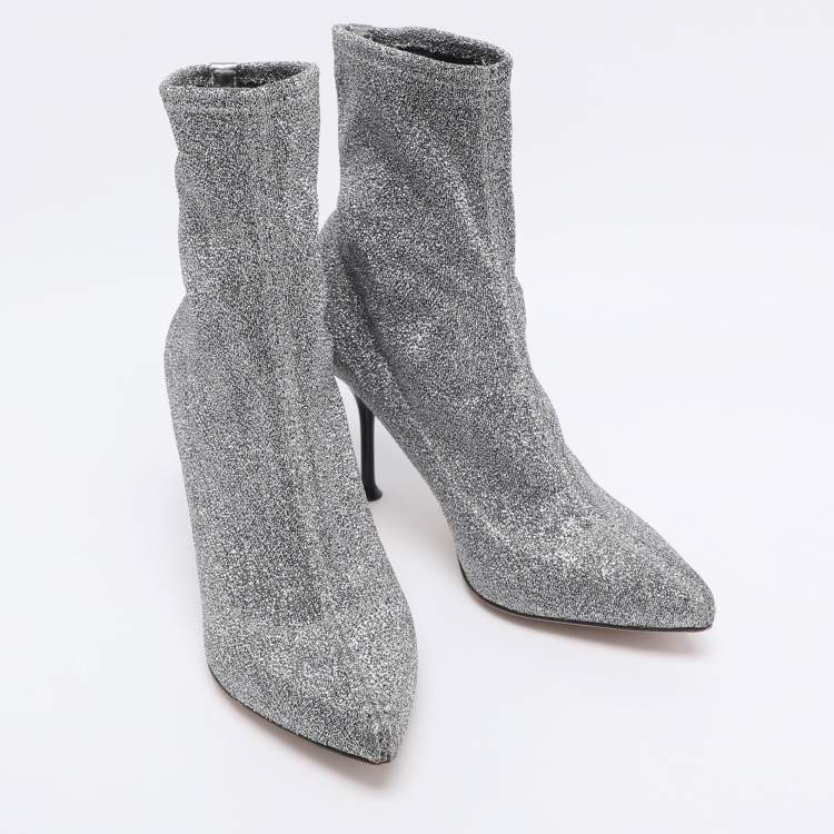 Pre Owned Sergio Rossi Silver Knit Fabric Sock Ankle Boots Size 36.5