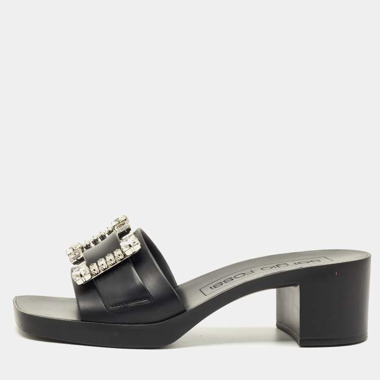 Pre Owned Sergio Rossi Black Rubber Crystal Embellished Block Heel Slides Size 40