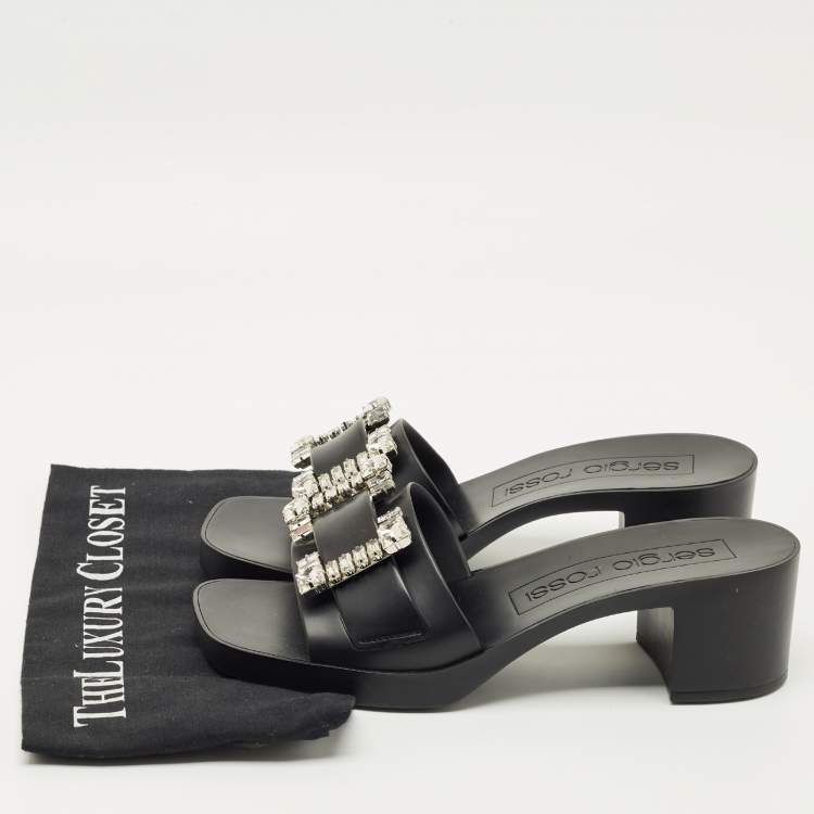 Pre Owned Sergio Rossi Black Rubber Crystal Embellished Block Heel Slides Size 40