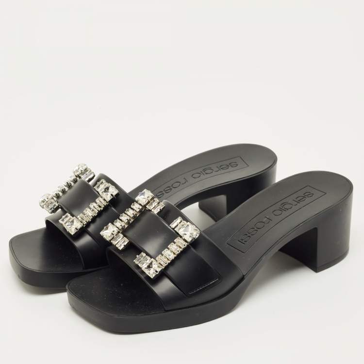 Pre Owned Sergio Rossi Black Rubber Crystal Embellished Block Heel Slides Size 40