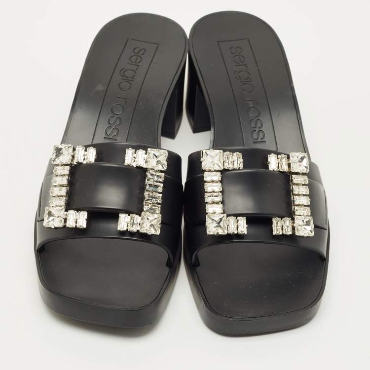Pre Owned Sergio Rossi Black Rubber Crystal Embellished Block Heel Slides Size 40