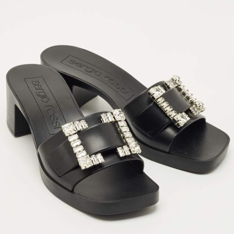 Pre Owned Sergio Rossi Black Rubber Crystal Embellished Block Heel Slides Size 40