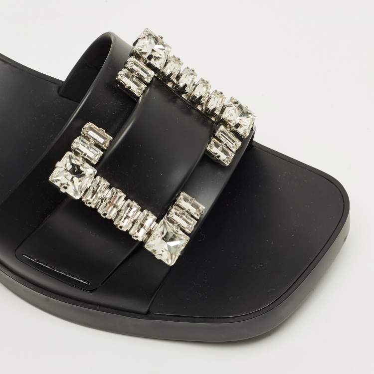 Pre Owned Sergio Rossi Black Rubber Crystal Embellished Block Heel Slides Size 40
