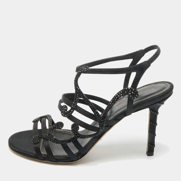 Pre Owned Sergio Rossi Black Satin Crystal Embellished Ankle Strap Sandals Size 36