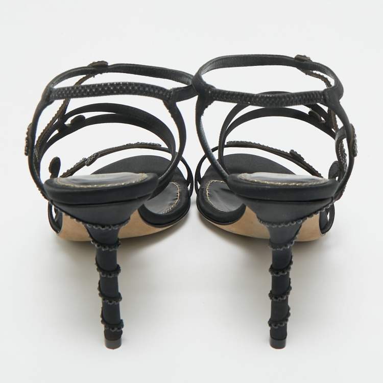 Pre Owned Sergio Rossi Black Satin Crystal Embellished Ankle Strap Sandals Size 36