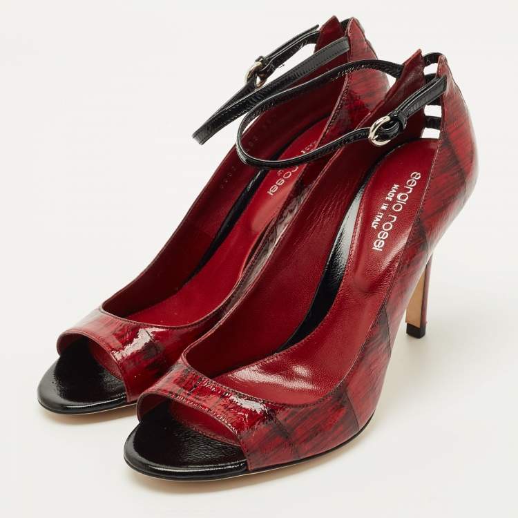 Pre Owned Sergio Rossi Red/Black Eel Leather Peep Toe Pumps Size 38.5