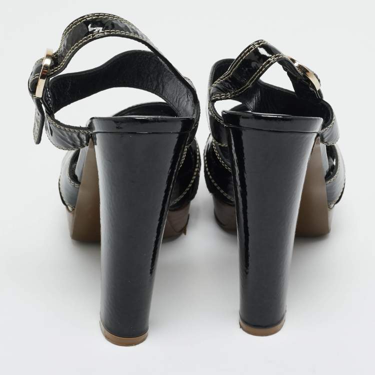 Pre Owned Sergio Rossi Black Patent Leather Ankle Strap Platform Sandals Size 37.5