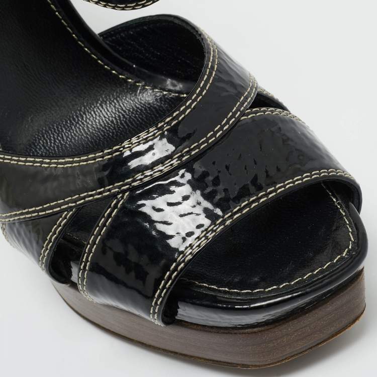 Pre Owned Sergio Rossi Black Patent Leather Ankle Strap Platform Sandals Size 37.5