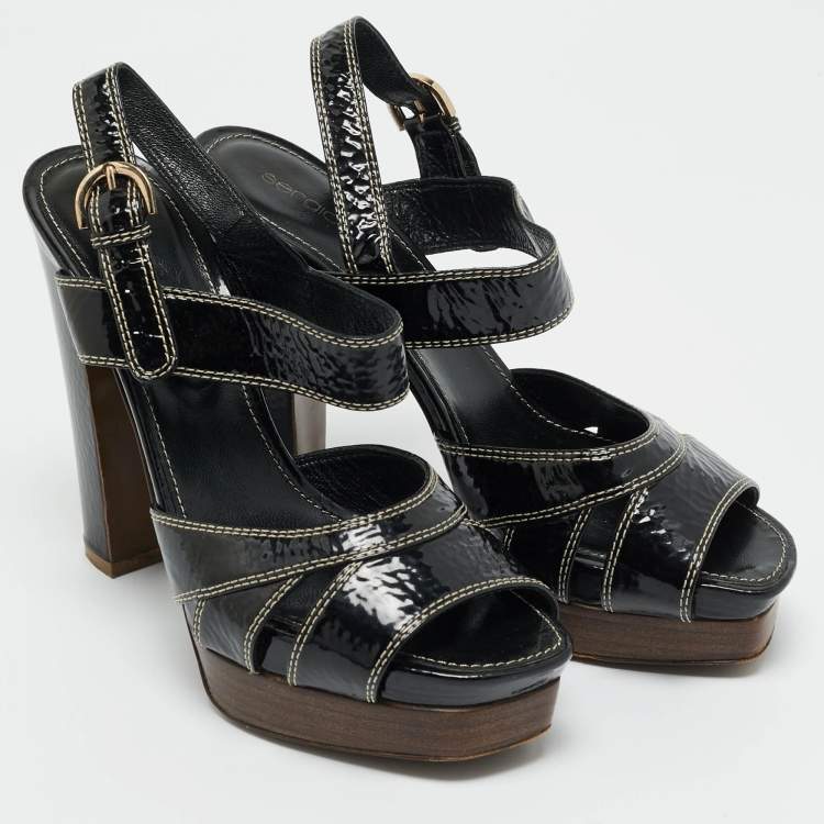 Pre Owned Sergio Rossi Black Patent Leather Ankle Strap Platform Sandals Size 37.5