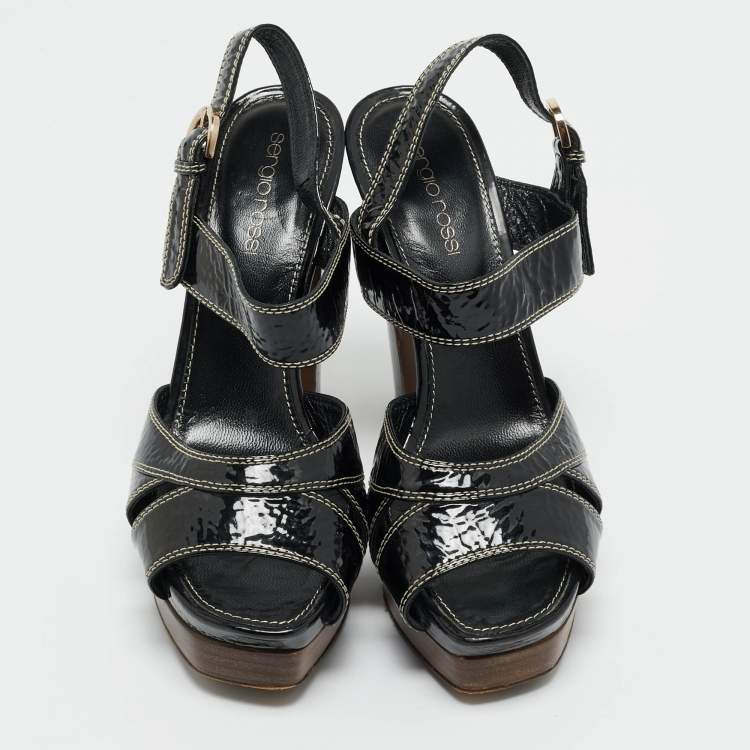 Pre Owned Sergio Rossi Black Patent Leather Ankle Strap Platform Sandals Size 37.5