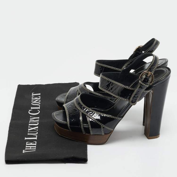 Pre Owned Sergio Rossi Black Patent Leather Ankle Strap Platform Sandals Size 37.5